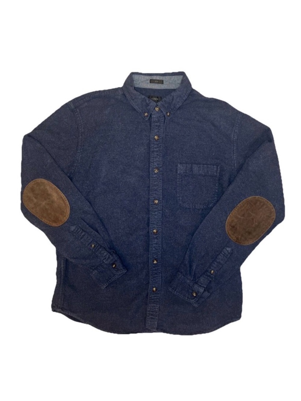 J Crew Shirt Men’s Large Slim Fit Blue Chamois Flannel Suede Elbow Patch Button
